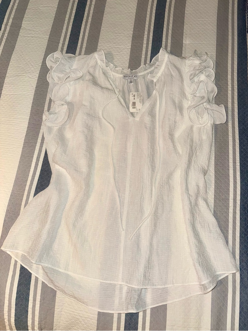 Current Air Los Angeles - White Ruffle Sleeve With Self Tie Split Neck